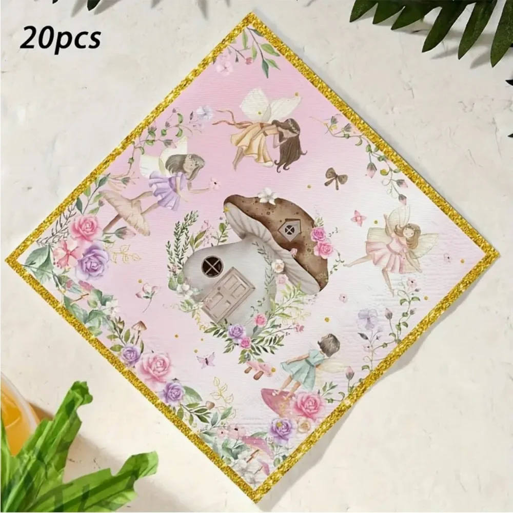 Fairy Garden Mushroom Forest House Paper Napkins with Gold Trim, 20pcs